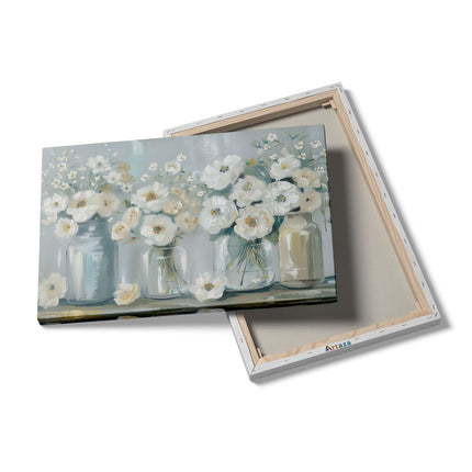 Canvas schilderij details Witte Bloemen in Stenen Potten