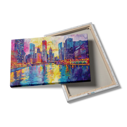 Canvas schilderij details Kunstwerk van de Chicago Rivier en Wolkenkrabbers