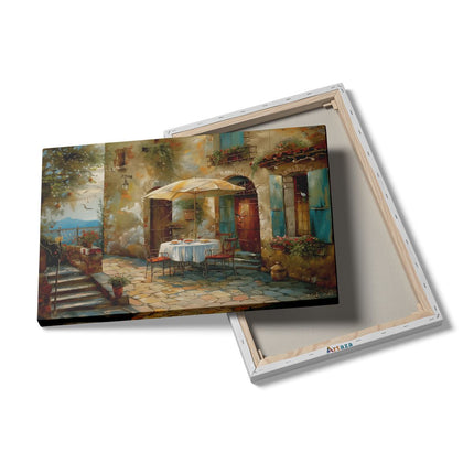 Canvas schilderij details Kunstwerk van een Tafel en Stoelen op een Binnenplaats