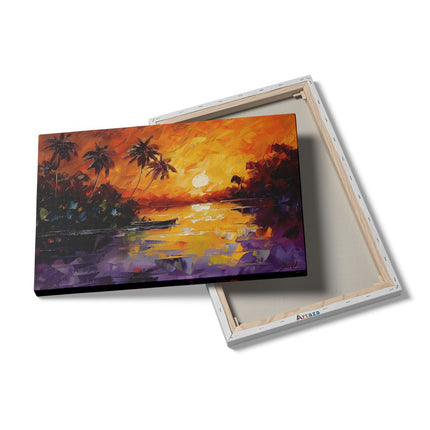 Canvas schilderij details Zonsondergang met Palmbomen en een Boot