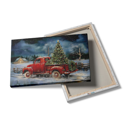 Canvas schilderij details Rode Vrachtwagen met een Kerstboom