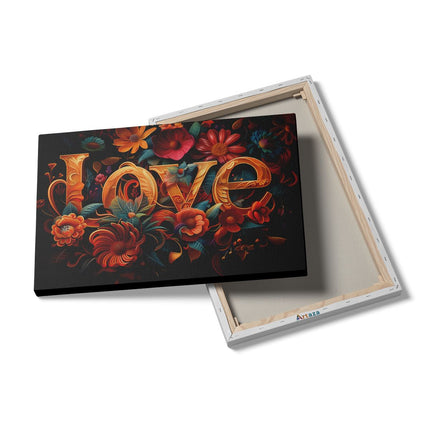 Canvas schilderij details Het Woord Liefde is Omgeven door Bloemen