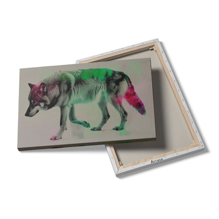 Canvas schilderij details Wolf loopt voor een Kleurrijke Achtergrond