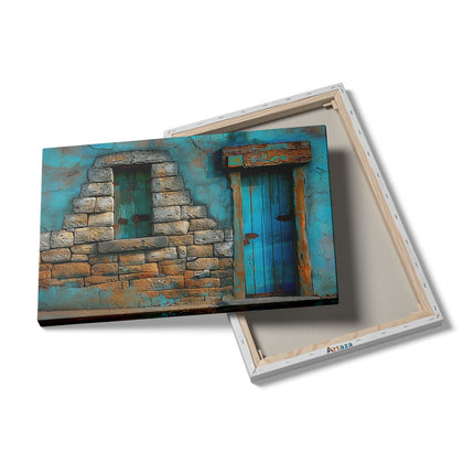 Canvas schilderij details Blauwe Deur en een Stenen Muur