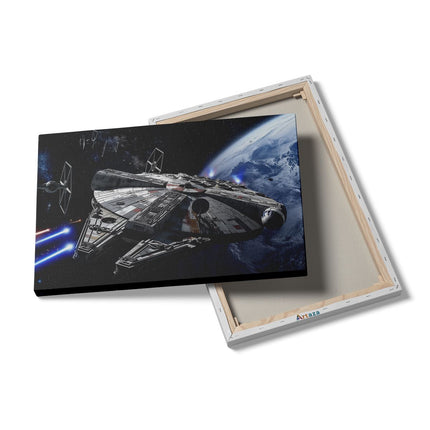 Canvas schilderij details Afbeelding van een Star Wars Millenniumvalk die over de Aarde Vliegt