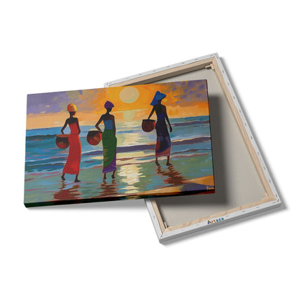 Canvas schilderij details Drie Vrouwen Lopen op het Strand bij Zonsondergang