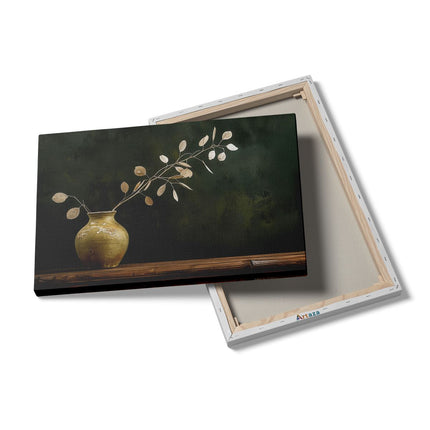Canvas schilderij details Vaas met Bladeren erin op een Tafel