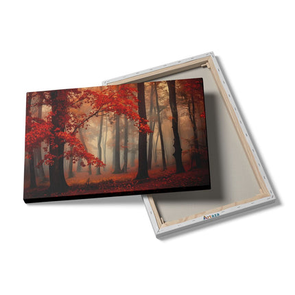 Canvas schilderij details Rode Bladeren in een Mistig Bos