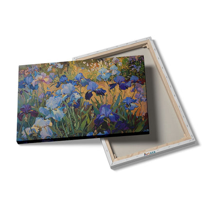 Canvas schilderij details Blauwe Irissen in een Veld