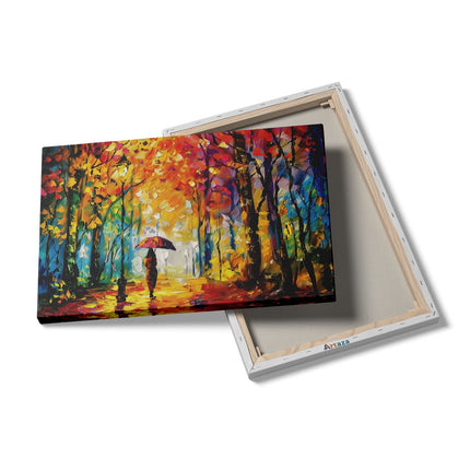 Canvas schilderij details Vrouw die met een Paraplu door het Bos loopt