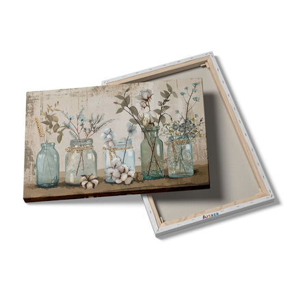Canvas schilderij details Blauwe Stenen Potten met Bloemen Erin