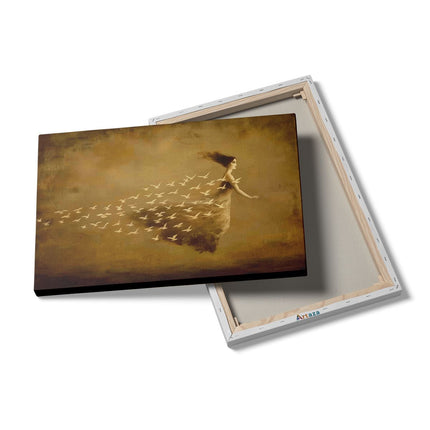 Canvas schilderij details Vrouw in een Jurk met Vogels die Om haar Heen Vliegen