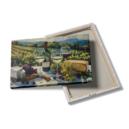 Canvas schilderij details Kunstwerk van Wijn, Kaas en Druiven op een Tafel
