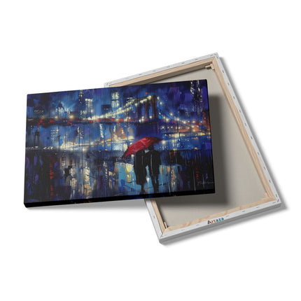 Canvas schilderij details Brooklyn Bridge 's Nachts met een Rode Paraplu