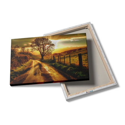 Canvas schilderij details Eenzame Boom in een Veld bij Zonsondergang