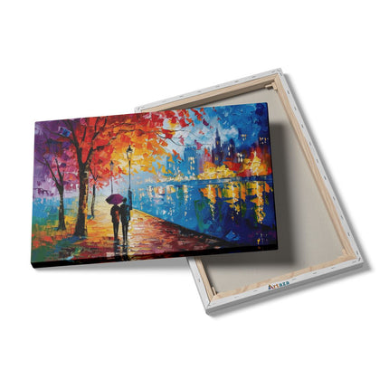 Canvas schilderij details Koppel dat met een Paraplu door de Straat loopt