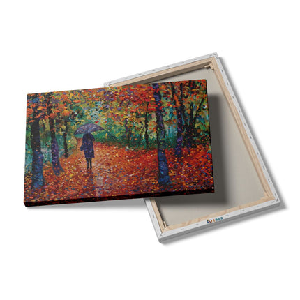 Canvas schilderij details Vrouw die met een Paraplu door het Bos loopt