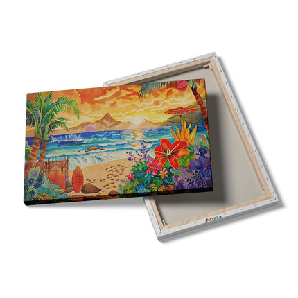 Canvas schilderij details Kunstwerk van een Tropisch Tafereel met Palmbomen en Surfplanken