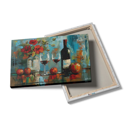 Canvas schilderij details Kunstwerk van een Fles Wijn en een Glas Rode Wijn