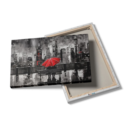 Canvas schilderij details Paar Zittend op een Bankje met een Rode Paraplu