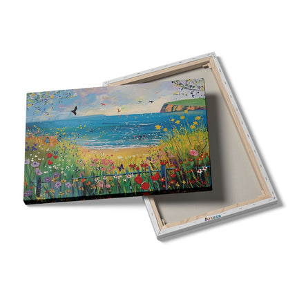 Canvas schilderij details Kunstwerk van een Strand met Bloemen en Vogels