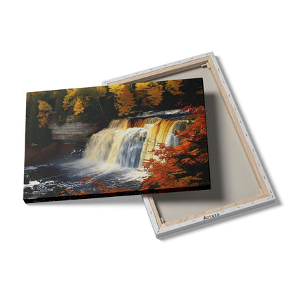 Canvas schilderij details Waterval Omgeven door Herfstbladeren