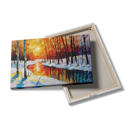 Canvas schilderij details Winters Tafereel met Bomen en een Rivier