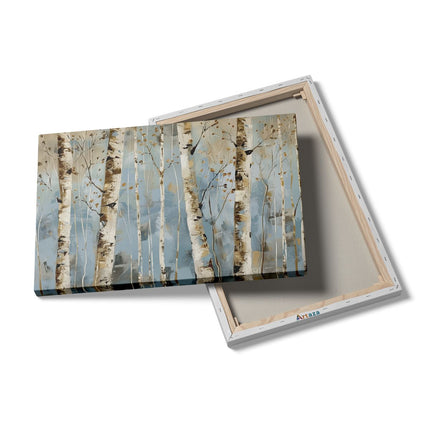 Canvas schilderij details Kunstwerk van Berkenbomen op een Blauwe Achtergrond