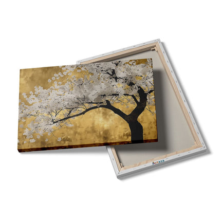 Canvas schilderij details Boom met Witte Bloemen tegen een Gouden Achtergrond
