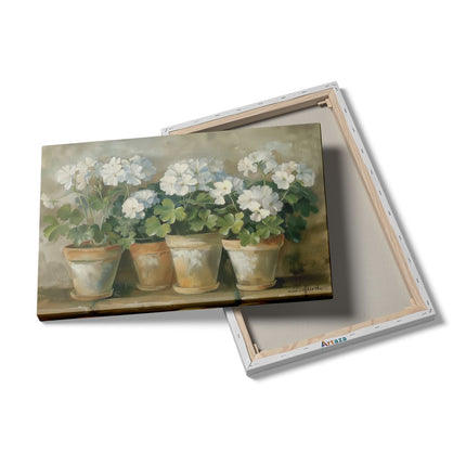 Canvas schilderij details Witte Geraniums in Potten
