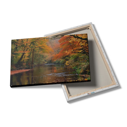 Canvas schilderij details Rivier Omgeven door Bomen in de Herfst