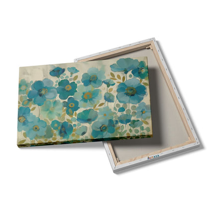 Canvas schilderij details Blauwe Bloemen op een Beige Achtergrond
