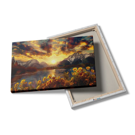 Canvas schilderij details De Zon gaat onder over de Bergen en Bloemen