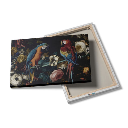 Canvas schilderij details Twee Papegaaien op een Tak met Bloemen