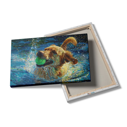 Canvas schilderij details Hond speelt met een Bal in het Water