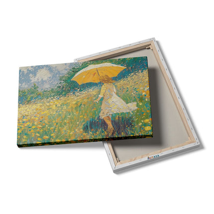 Canvas schilderij details Vrouw die met een Paraplu door een Veld met Madeliefjes loopt