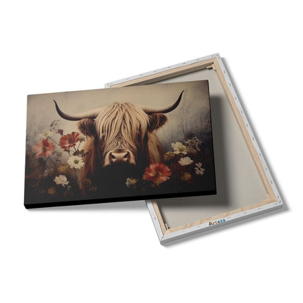Canvas schilderij details Hooglandkoe in een Veld met Bloemen