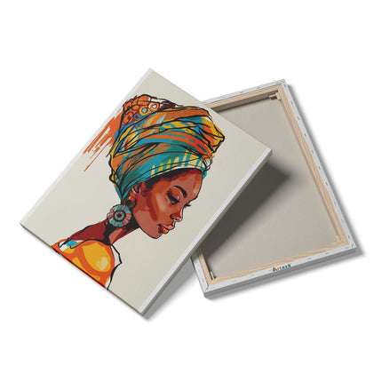 Canvas Schilderij Details Afrikaanse Vrouw in een Kleurrijke Tulband