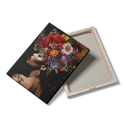 Canvas Schilderij Details Vrouw met Bloemen op haar Hoofd