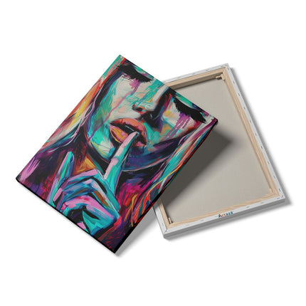 Canvas Schilderij Details Kleurrijk Kunstwerk van een Vrouw met haar Vinger op haar Lippen