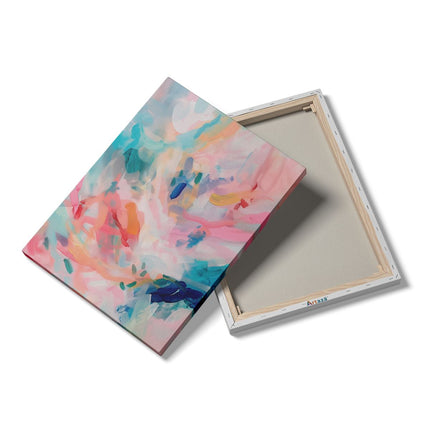 Canvas Schilderij Details Abstract Kunstwerk met Roze, Blauwe en Groene Kleuren