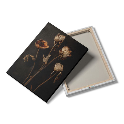 Canvas Schilderij Details Drie Gedroogde Bloemen op een Zwarte Achtergrond