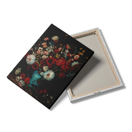 Canvas Schilderij Details Kunstwerk van Bloemen in een Blauwe Vaas