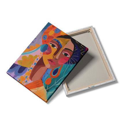 Canvas Schilderij Details Kunstwerk van een Vrouw in een Kleurrijke Tulband
