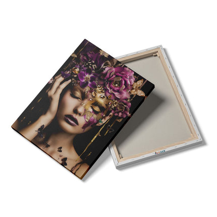 Canvas Schilderij Details Vrouw met Bloemen op haar Hoofd