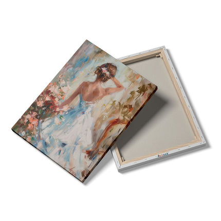Canvas Schilderij Details Kunstwerk van een Vrouw in een Blauwe Jurk