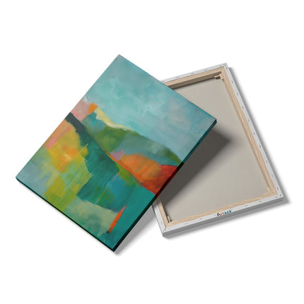 Canvas Schilderij Details Abstract Kunstwerk van een Groen, Oranje en Blauw Landschap