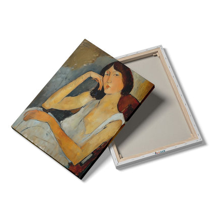 Canvas Schilderij Details Vrouw Zittend in een Stoel met haar Hand op haar Kin