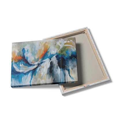 Canvas Schilderij Details Abstract Kunstwerk met Blauwe, Oranje en Witte Kleuren