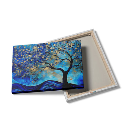 Canvas Schilderij Details Abstract Kunstwerk van een Boom in Blauw en Goud
